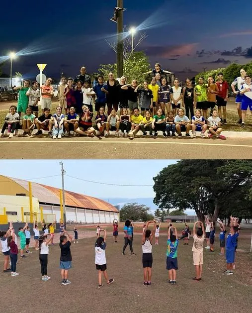 Crianças do projeto de atletismo reunidas em uma pista ao ar livre.