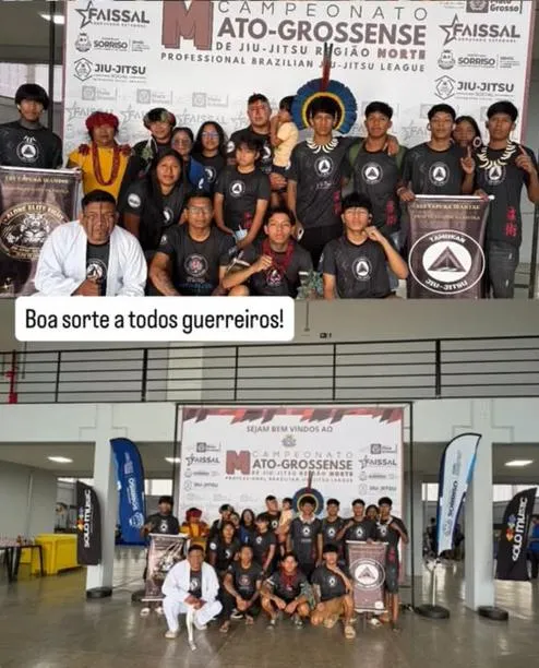 Atletas de jiu-jítsu no Campeonato Mato-Grossense, incluindo jovens indígenas.