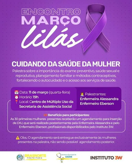 Convite roxo para o Encontro Março Lilás sobre cuidados com a saúde da mulher.