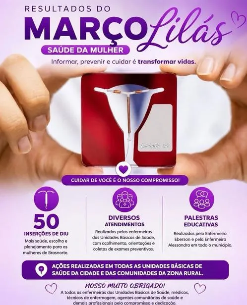 Cartaz com os resultados da campanha Março Lilás de saúde da mulher.