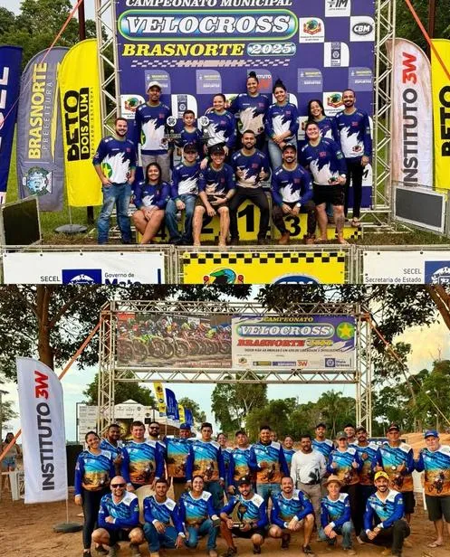 Pilotos e organizadores no pódio do Campeonato Municipal de Velocross de Brasnorte.