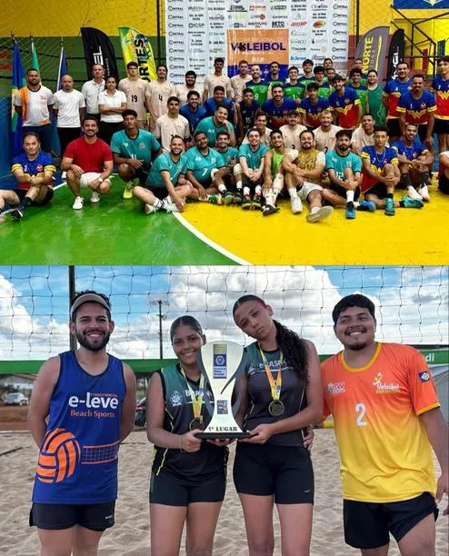 Equipes de vôlei em quadra e atletas de vôlei de praia com medalhas e troféu.